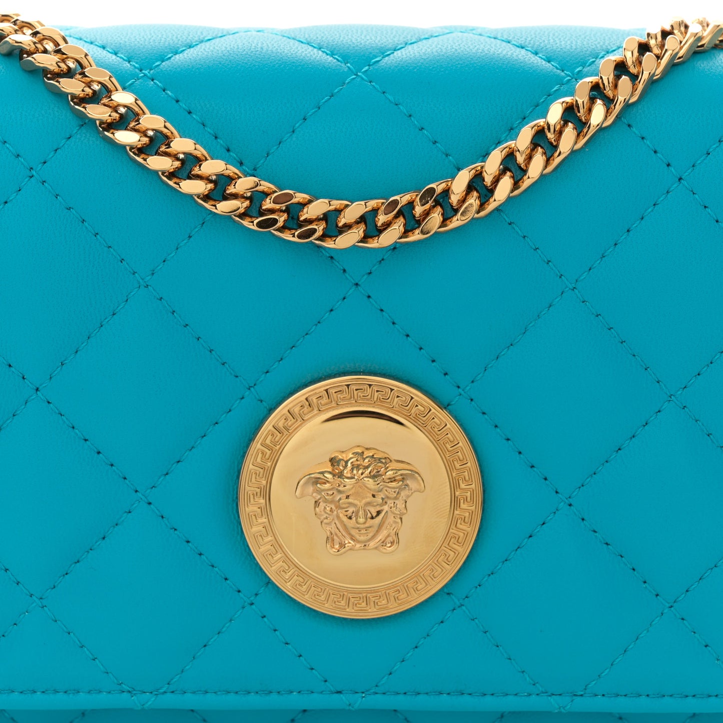 Nappa Quilted Small Medusa Chain Crossbody Blue
