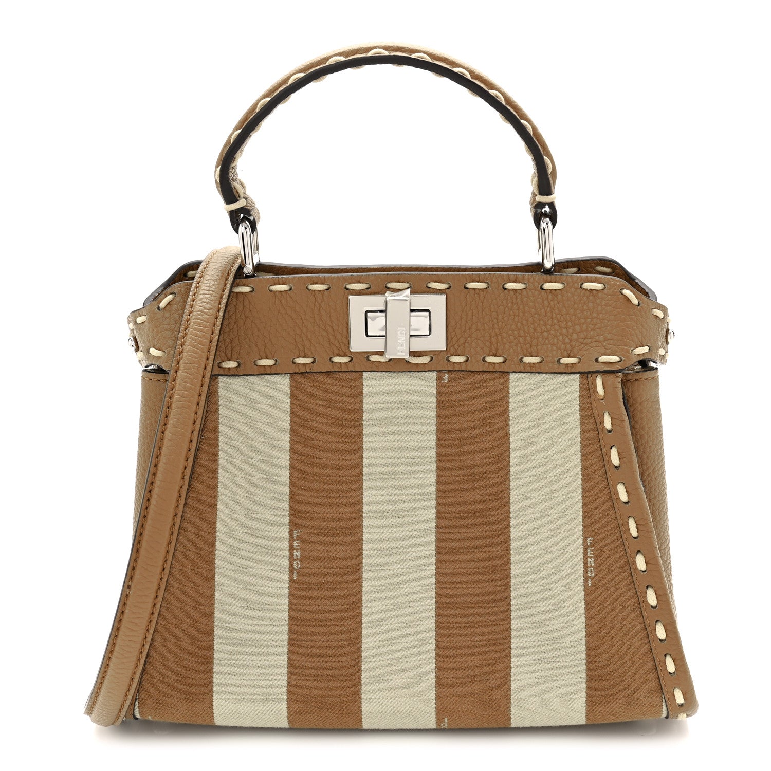 Fendi Cuoio Romano Canvas Pequin Striped Selleria Mini Peekaboo Iconic Satchel Beige Sand 1 of 9