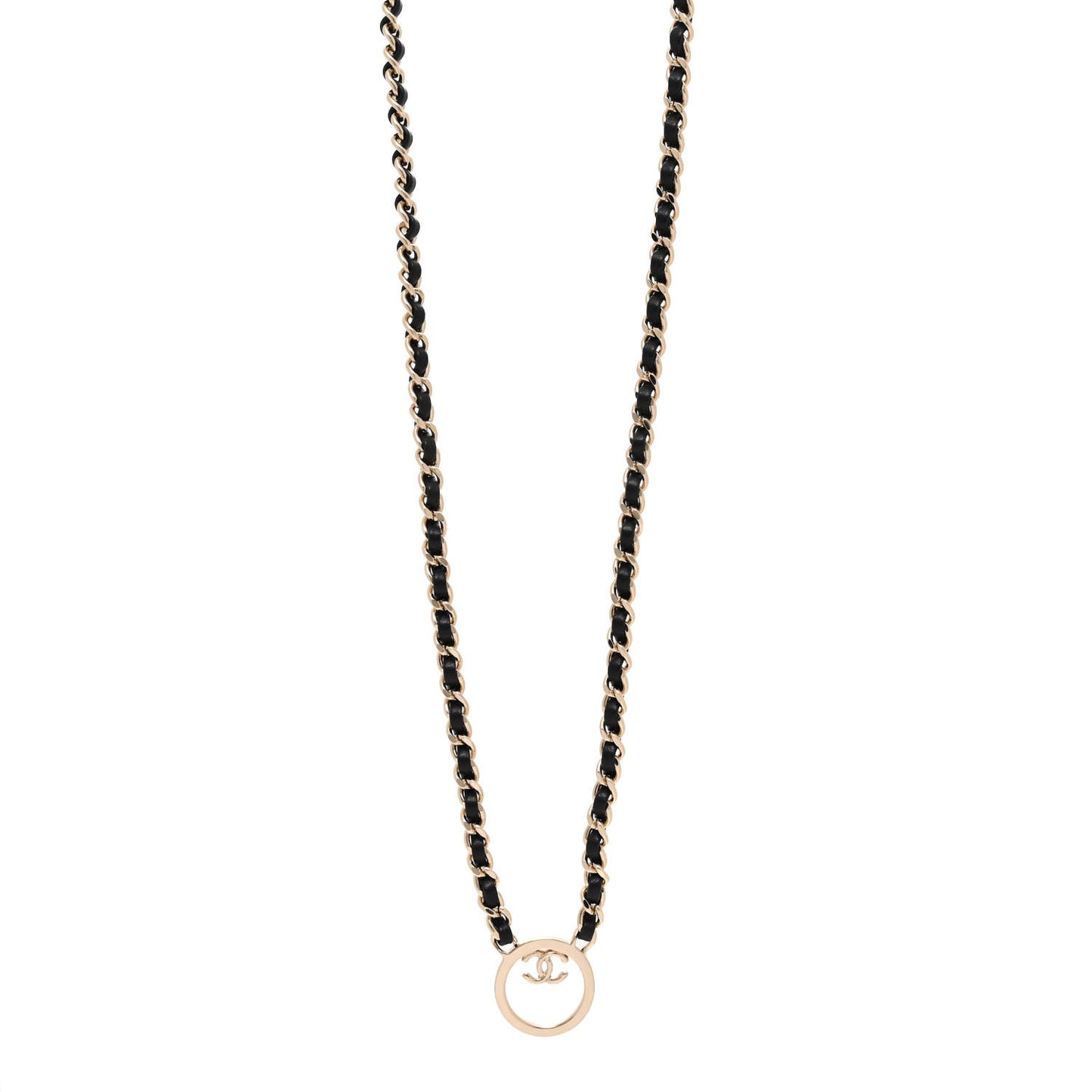 Metal Lambskin CC Round Long Necklace Gold Black