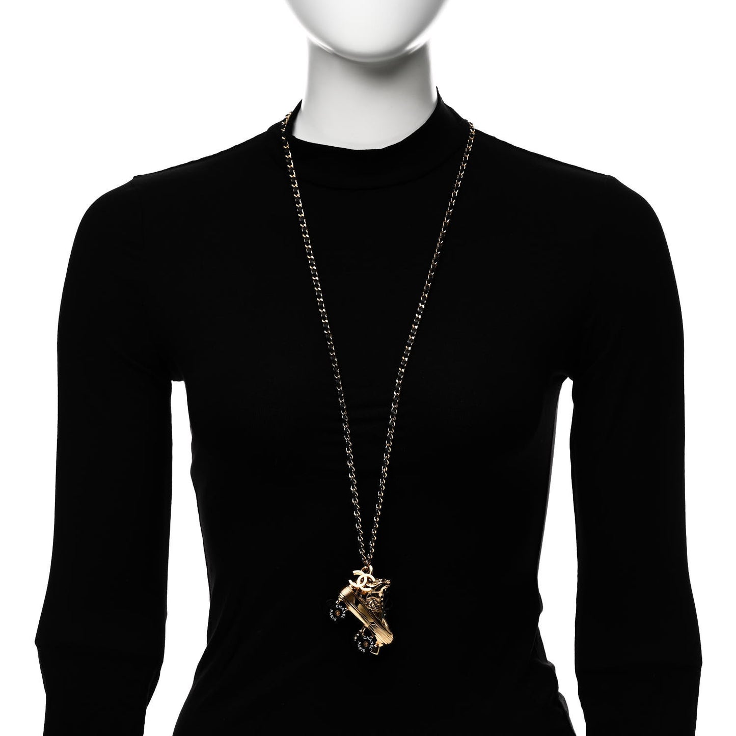 Metal Lambskin CC Rollerskate Necklace Gold Black