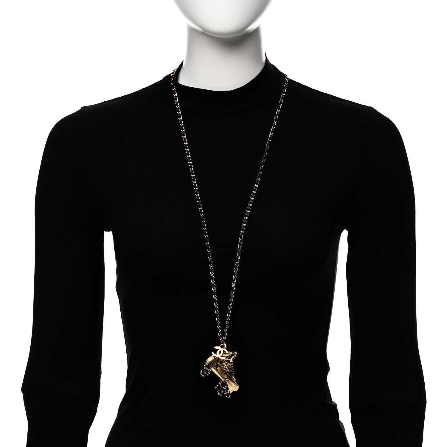 Chanel Metal Lambskin CC Rollerskate Necklace Gold Black 2 of 6