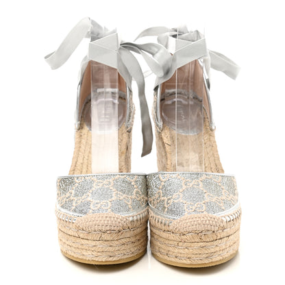 Gucci Lame GG Monogram Ankle Wrap Platform Espadrille Wedges 37 Silver Beige Light Grey 2 of 9