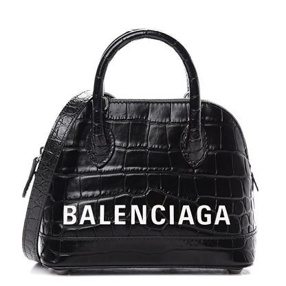 Balenciaga Calfskin Logo Crocodile Embossed XXS Ville Top Handle Bag Black White 1 of 11