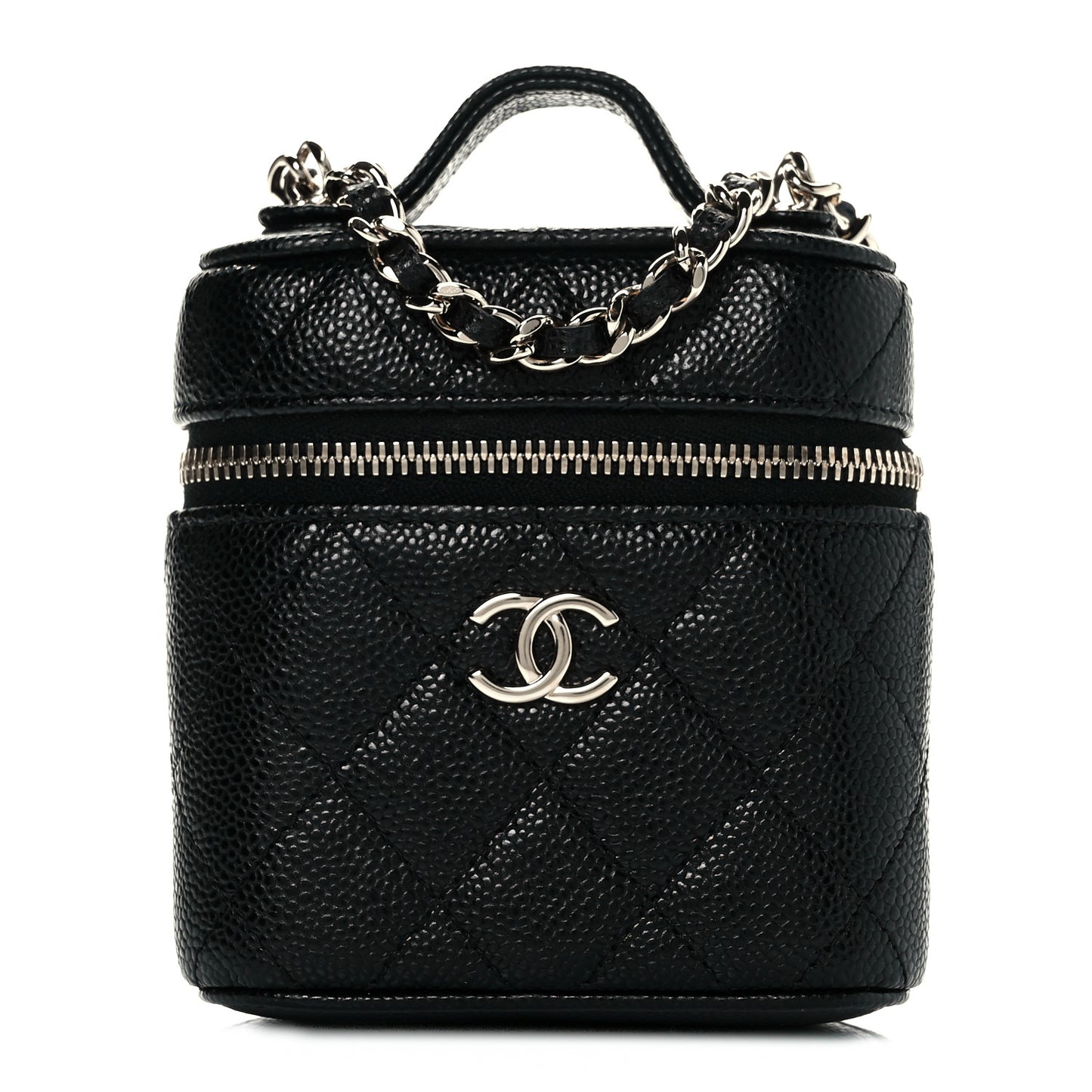 Caviar Quilted Small Handle With Care Vanity Case With Chain Black
