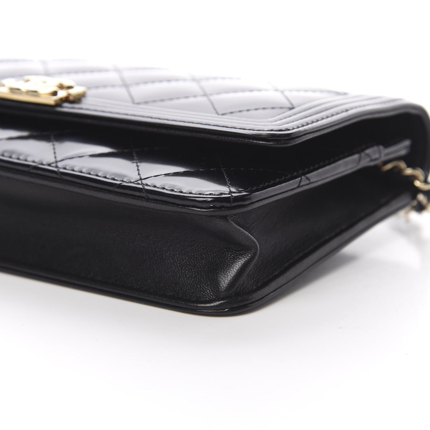 Patent Calfskin Quilted Boy Wallet On Chain WOC Black