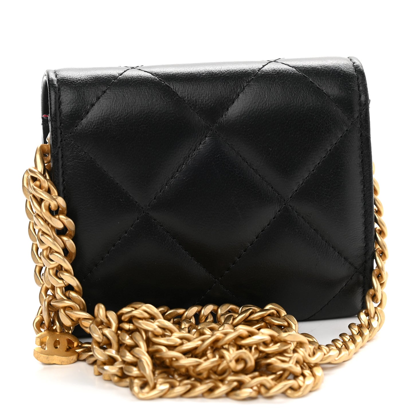 Lambskin Enamel Quilted Pending CC Card Holder On Chain Black