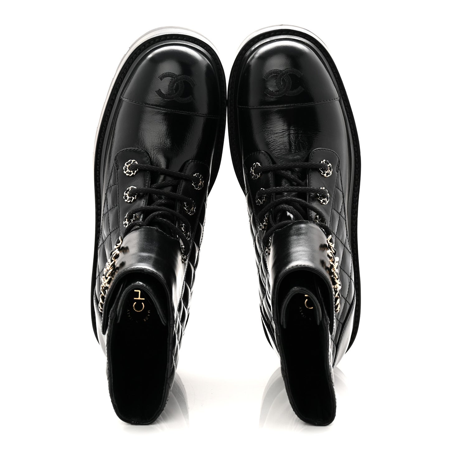 Shiny Calfskin Quilted Lace Up Combat Boots 39 Black