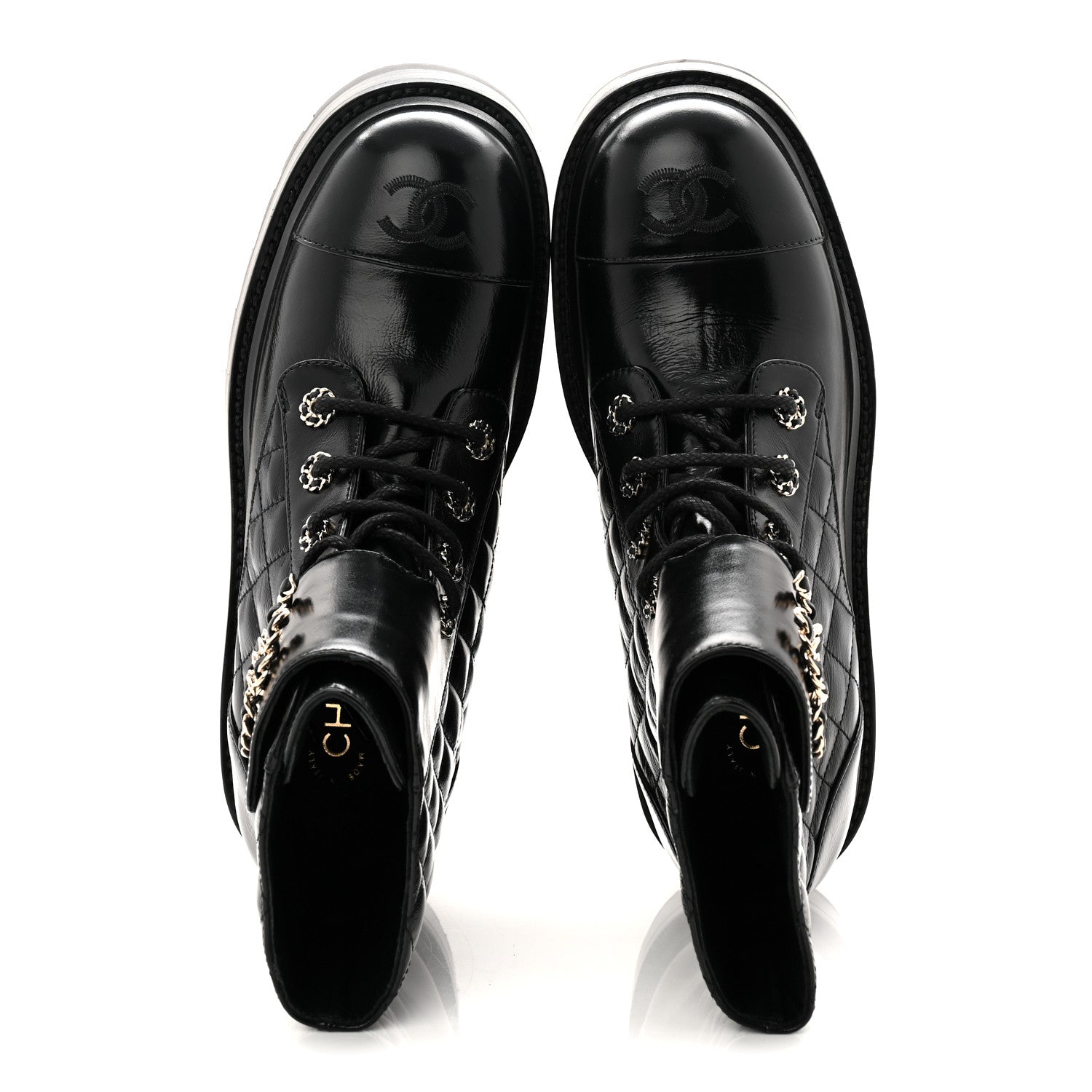 Chanel Shiny Calfskin Quilted Lace Up Combat Boots 39 Black 5 of 11