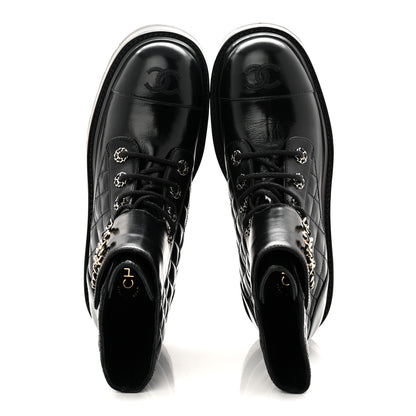 Chanel Shiny Calfskin Quilted Lace Up Combat Boots 39 Black 5 of 11