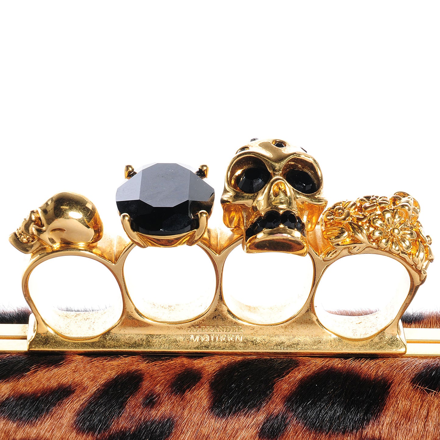 Calf Hair Leopard Print Knuckle Box Clutch Brown Black