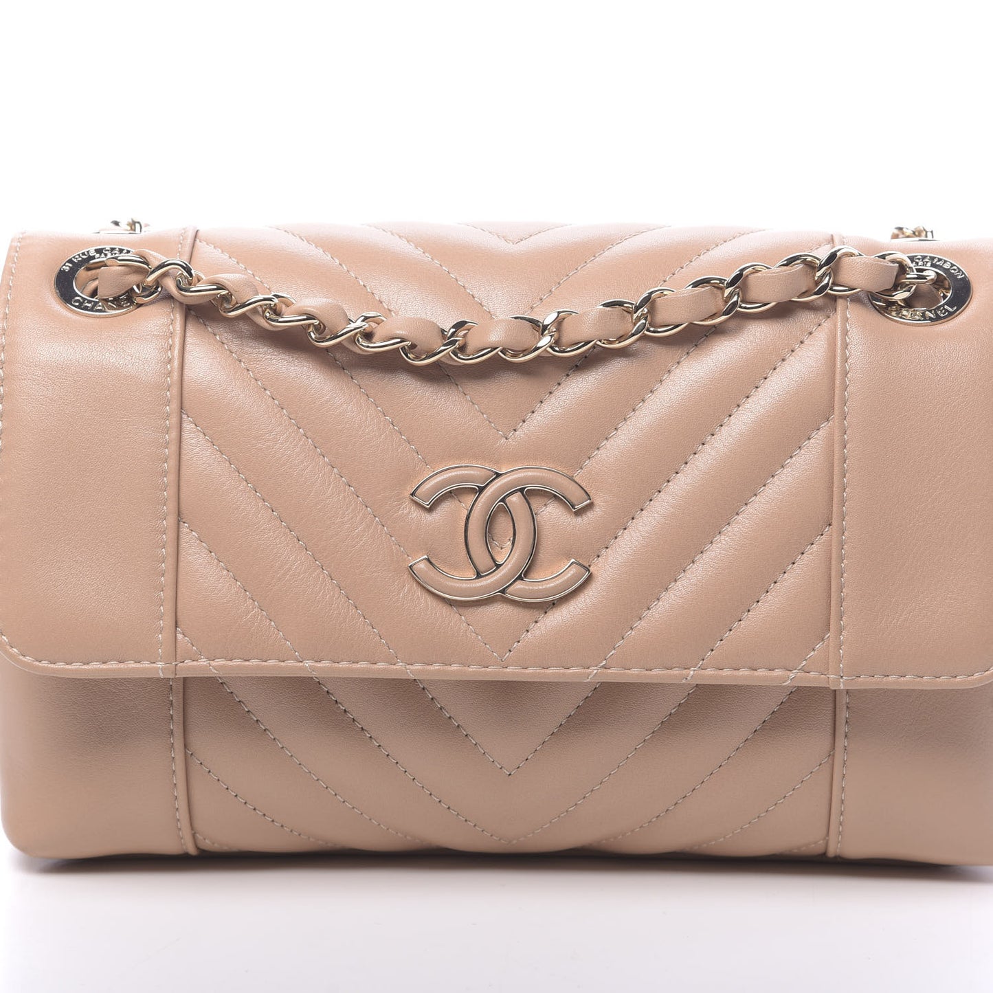 Calfskin Quilted Small Daily Chevron Flap Beige