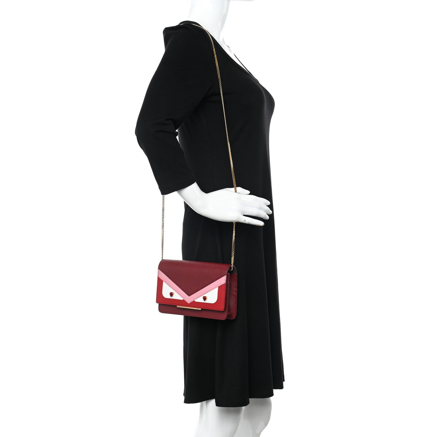 Fendi Vitello Elite Crystal Fendi Loves Monster Eyes Tube Wallet on Chain Rosso Scuro Multicolor 2 of 16