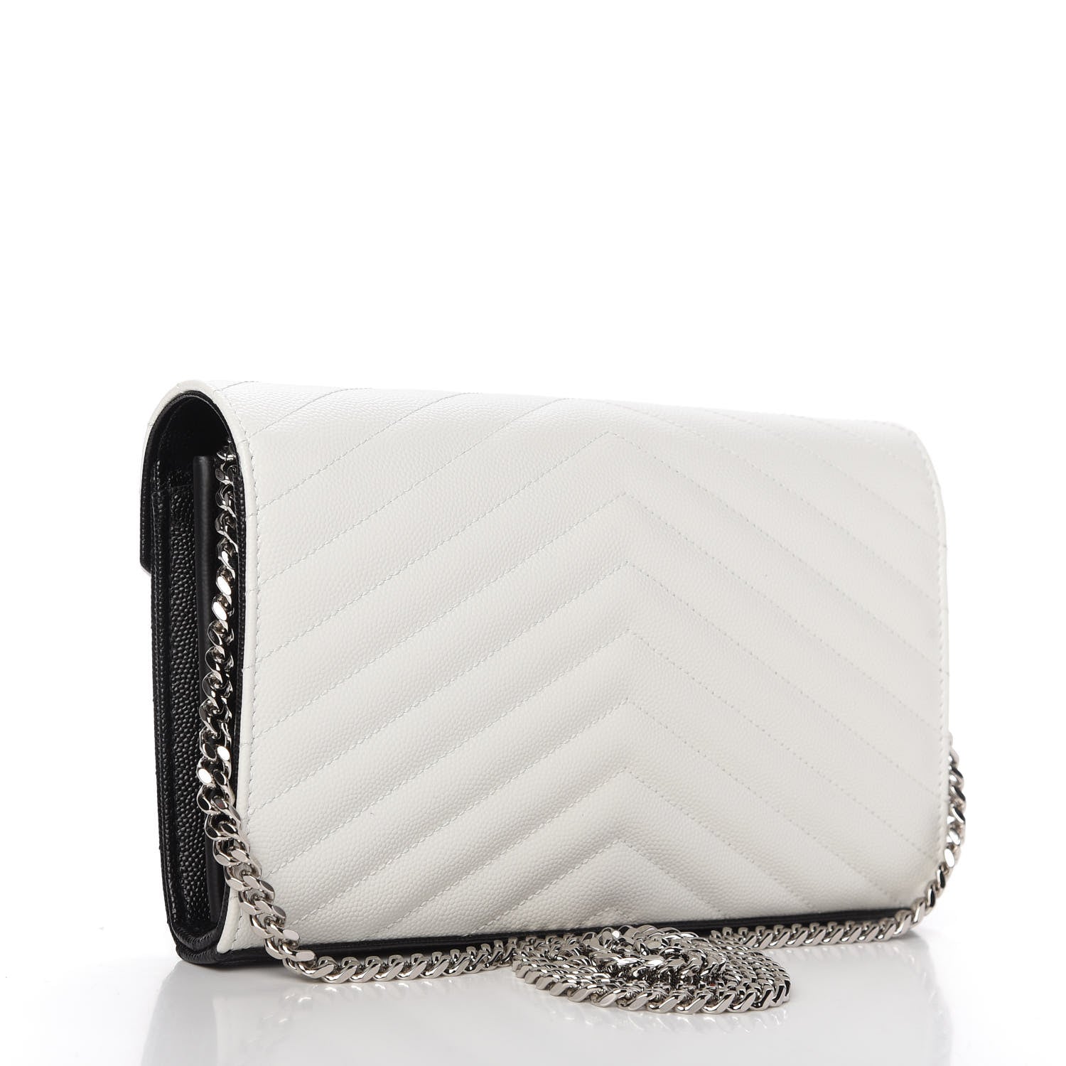 Saint Laurent Grain De Poudre Matelasse Chevron Bi-Color Monogram Chain Wallet White Black 3 of 9