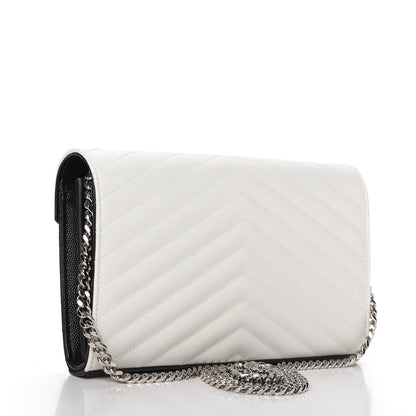 Saint Laurent Grain De Poudre Matelasse Chevron Bi-Color Monogram Chain Wallet White Black 3 of 9