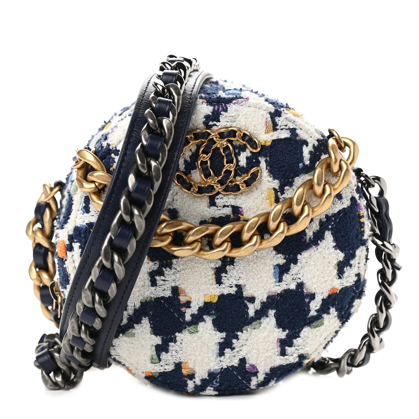 Tweed Chanel 19 Round Clutch With Chain Ecru Navy Blue Multicolor