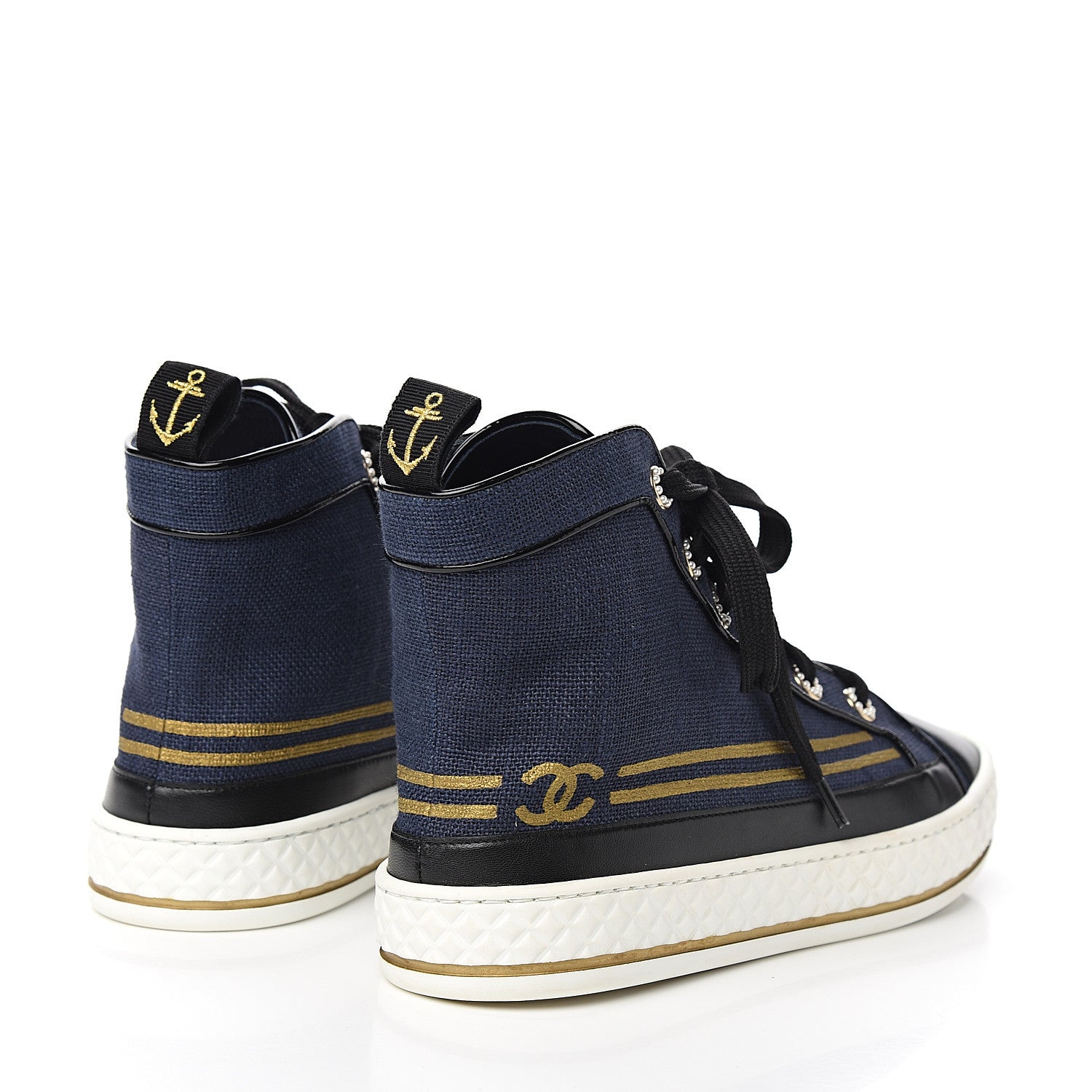 Chanel Fabric Lambskin Lace Up Cap Toe Sneakers 36 Navy Black 4 of 9