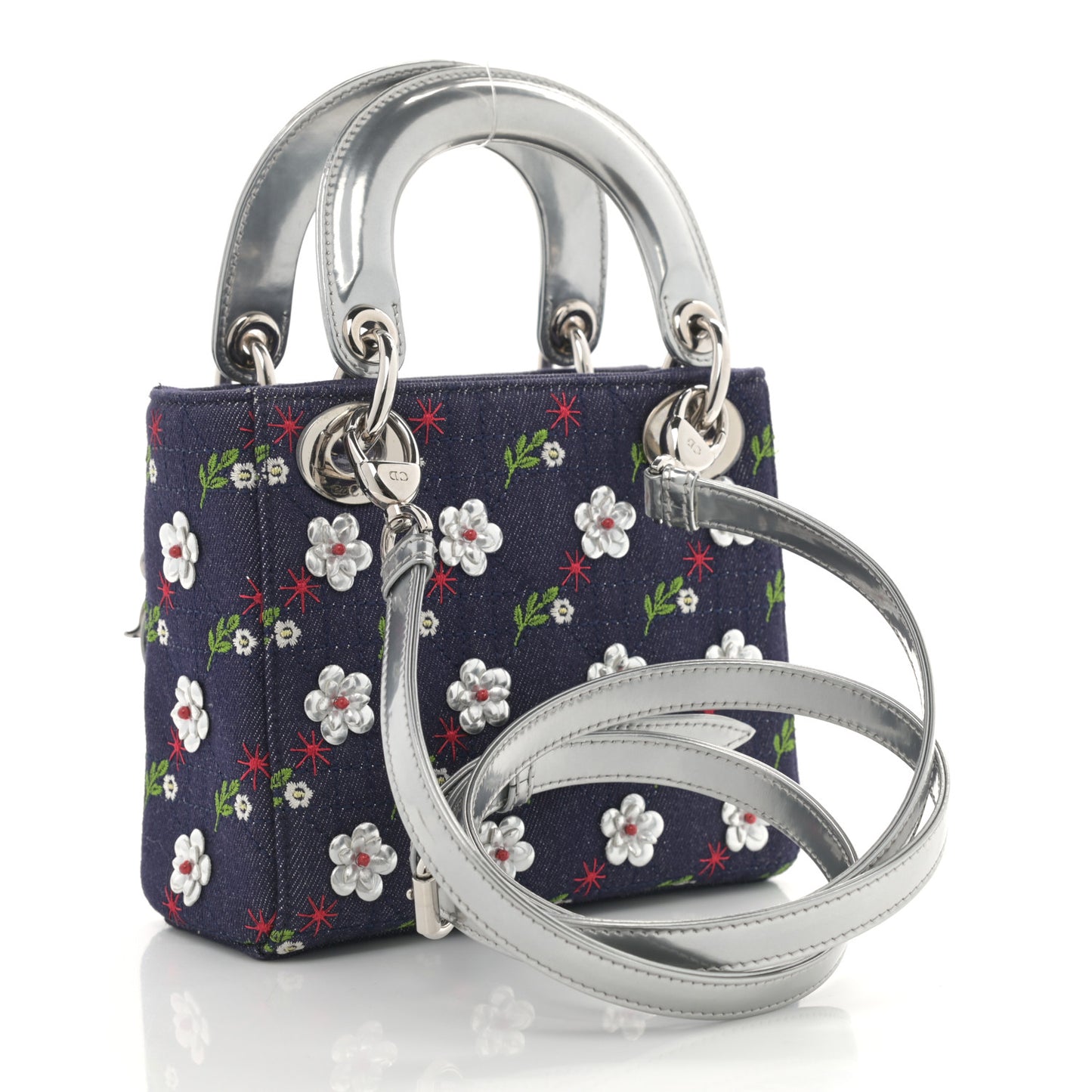 Denim Cannage Floral Embroidered Mini Lady Dior Blue