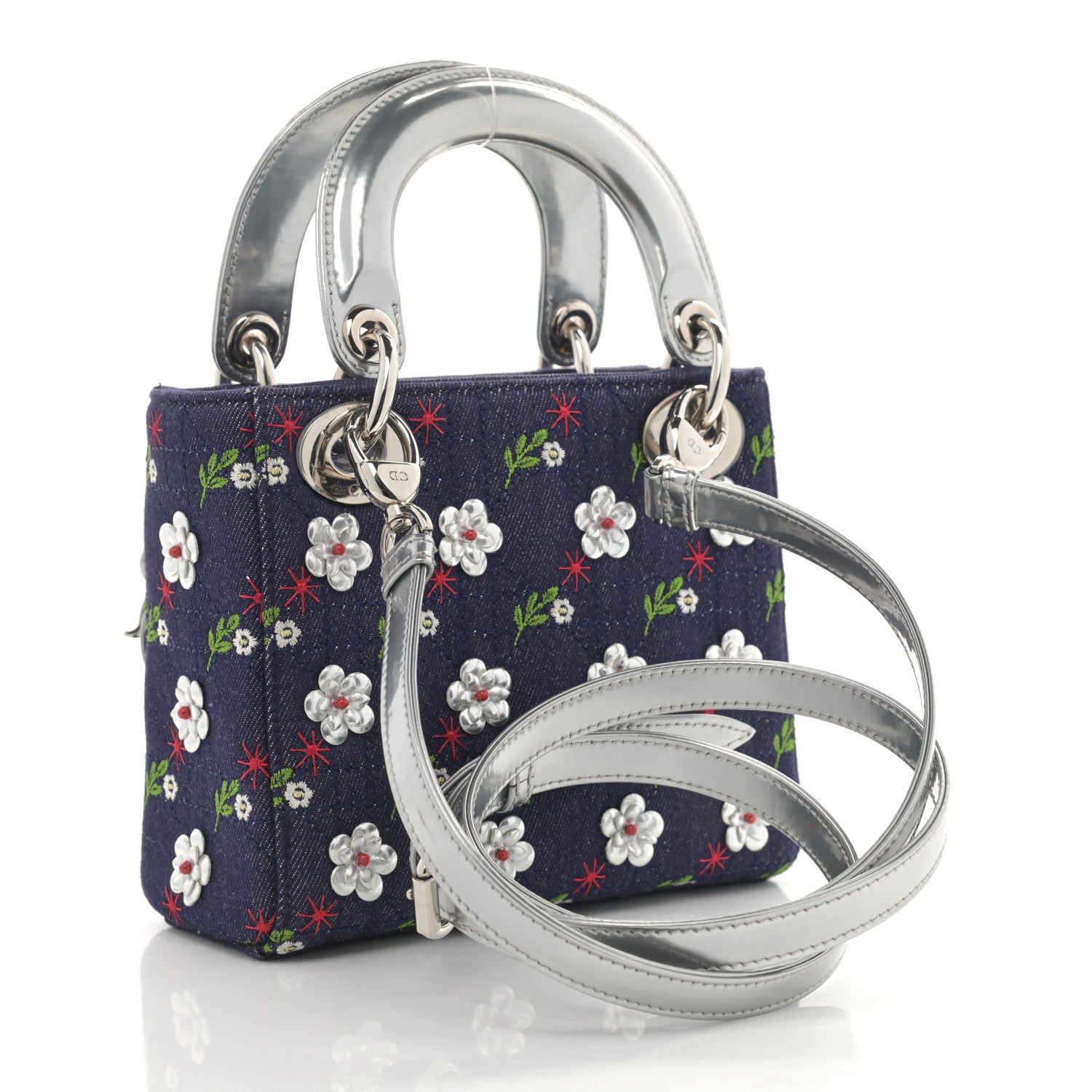 Christian Dior Denim Cannage Floral Embroidered Mini Lady Dior Blue 3 of 12