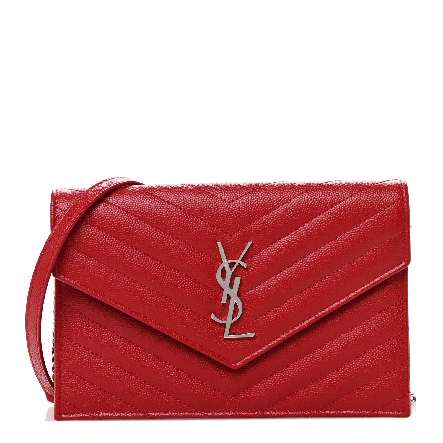 Saint Laurent Grain De Poudre Matelasse Chevron Monogram Envelope Chain Wallet New Red 1 of 12