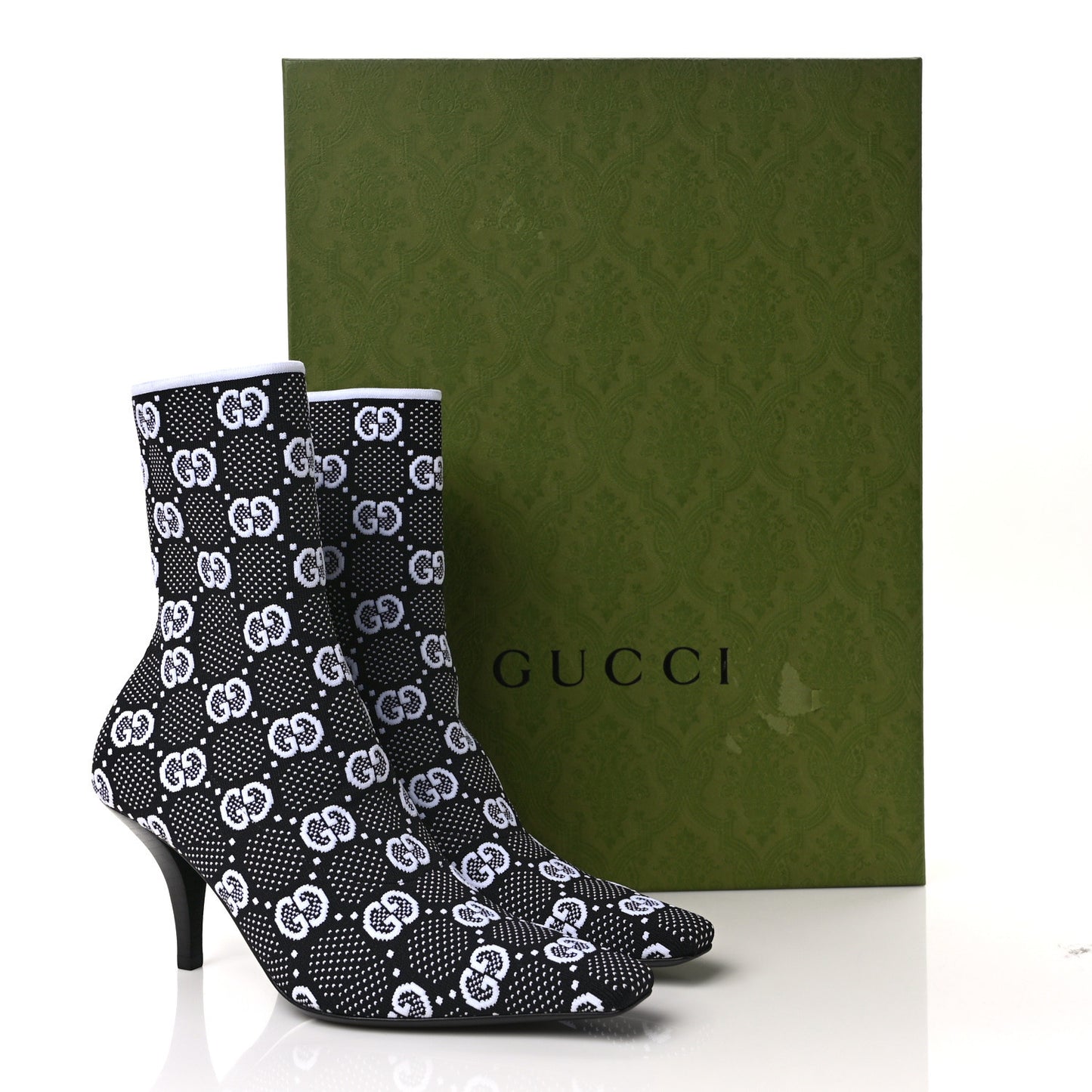 Technical Jersey Knit GG Monogram Square G 75mm Ankle Boots 37 Black Great White