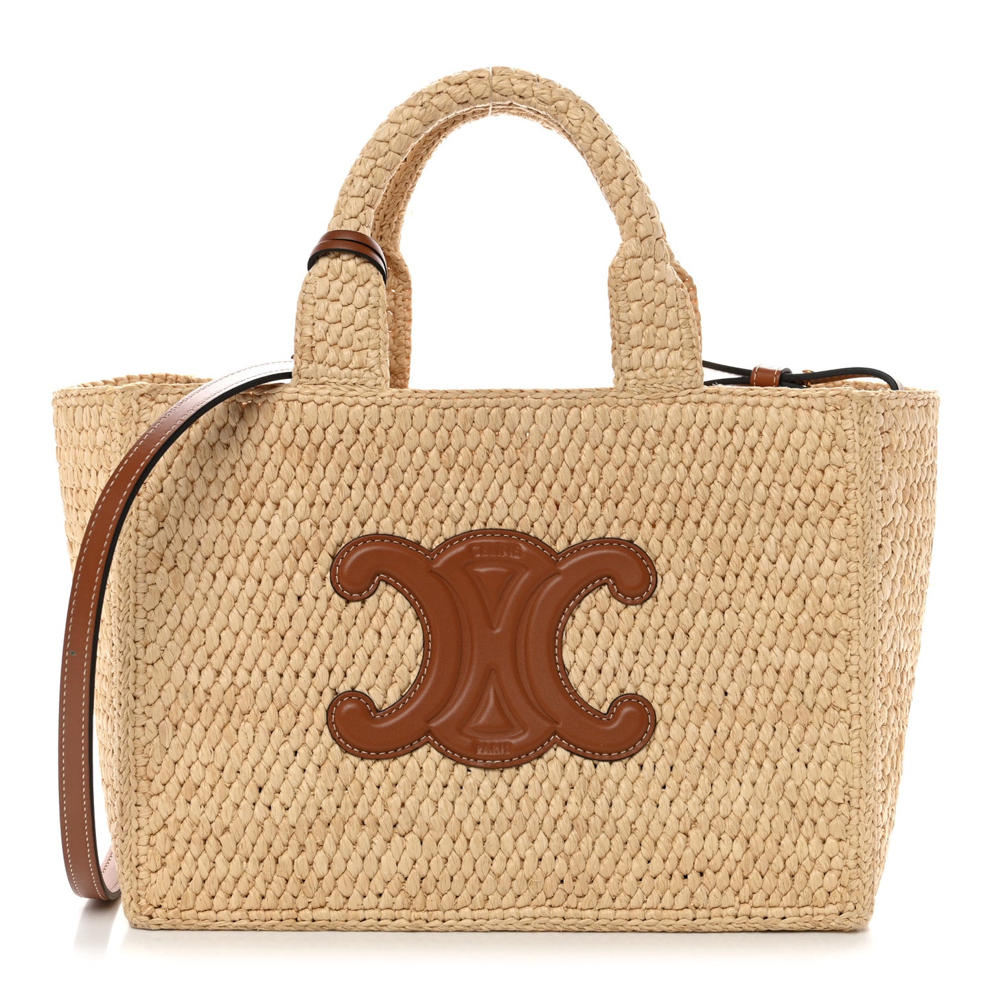 Raffia Calfskin Triomphe Small Cabas Thais Tan