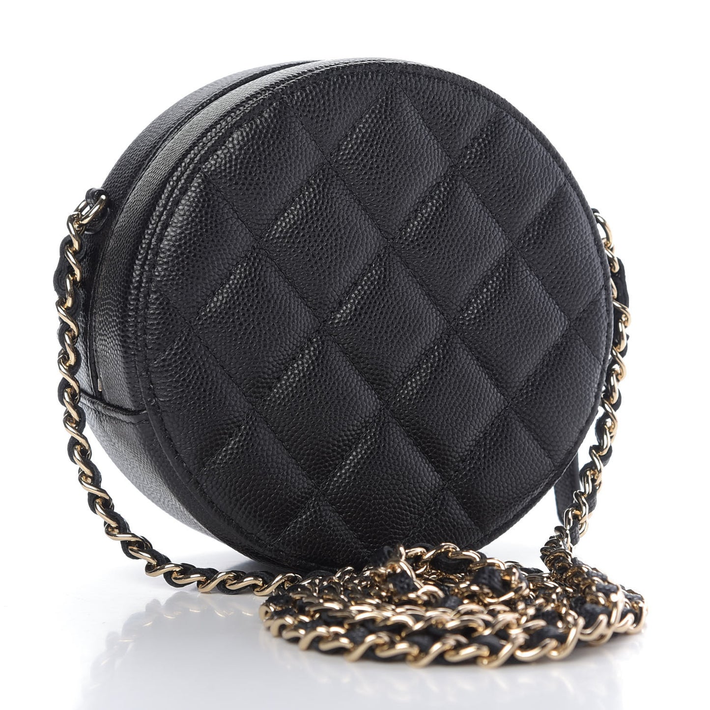 Caviar Quilted Round Clutch With Chain Black