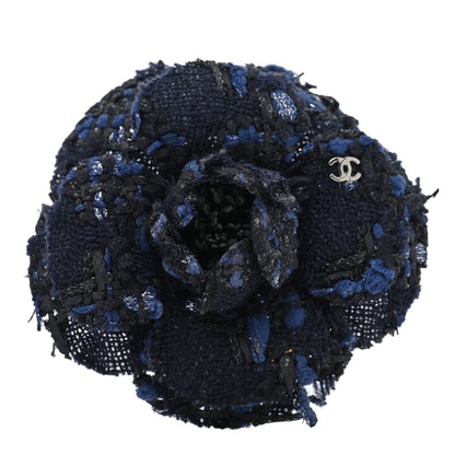Chanel Tweed Camellia Pin Brooch Navy Blue 1 of 4