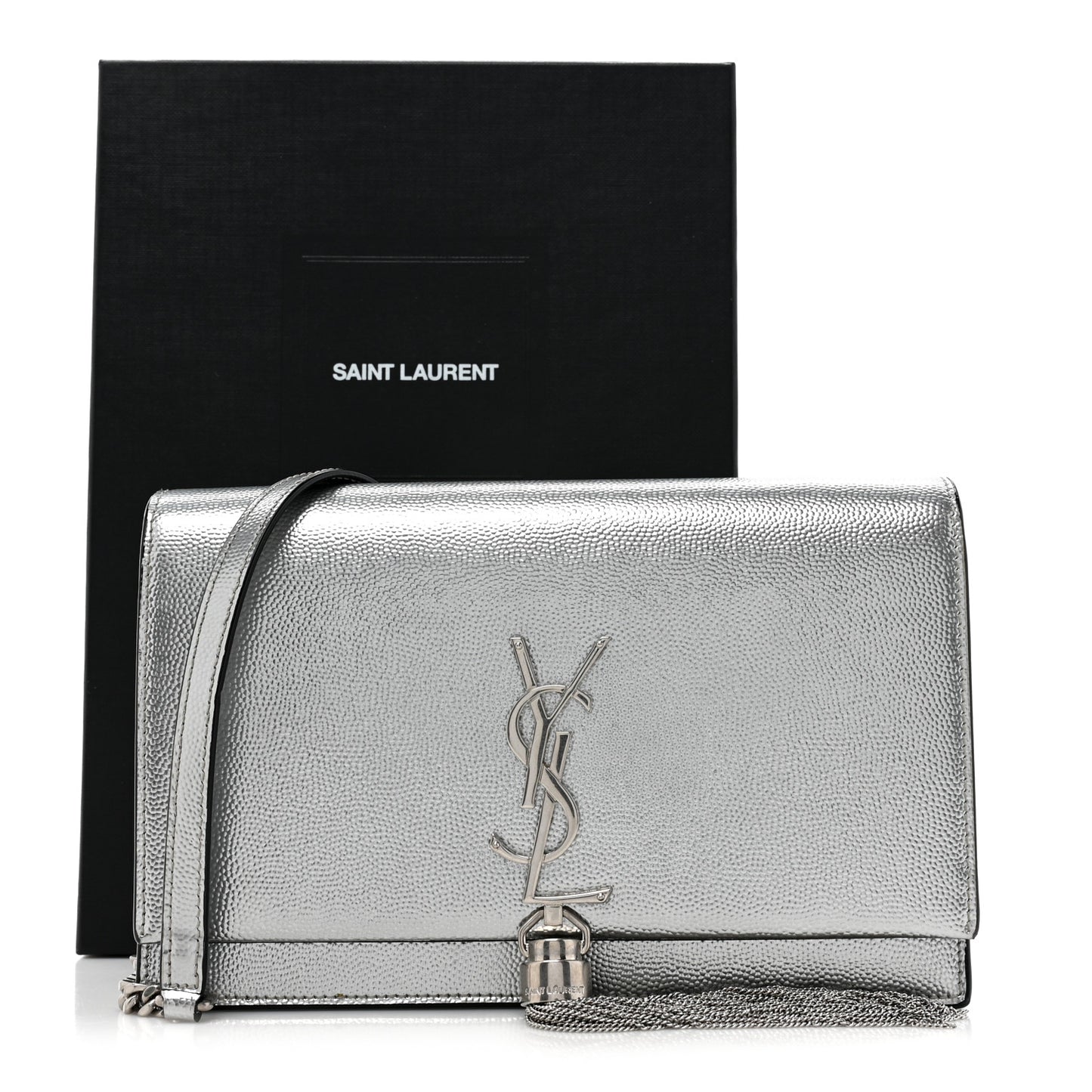 Metallic Grain De Poudre Clasic Monogram Kate Tassel Chain Wallet Argento