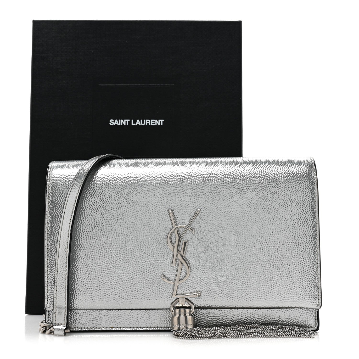 Saint Laurent Metallic Grain De Poudre Clasic Monogram Kate Tassel Chain Wallet Argento 16 of 16