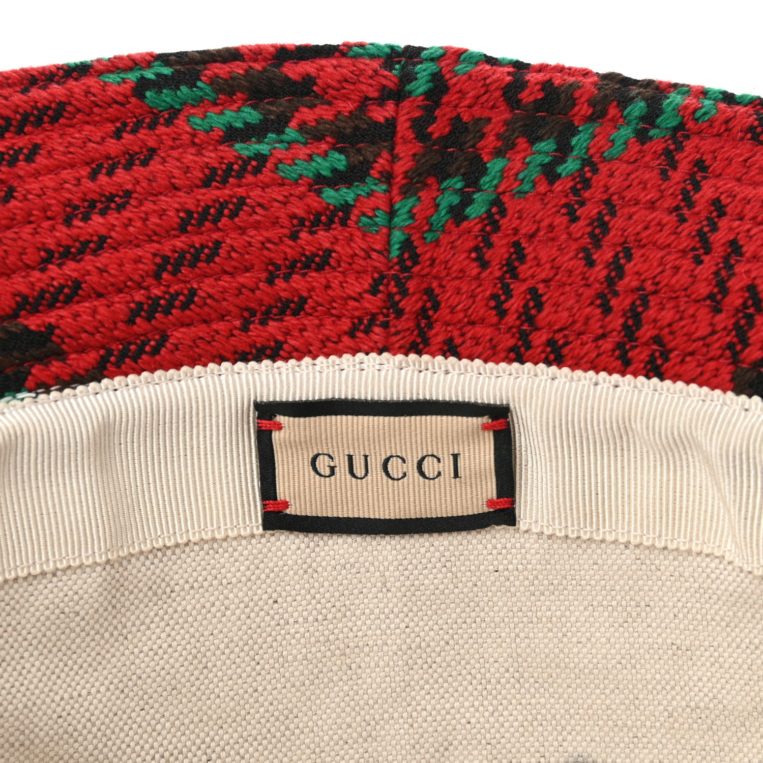 Gucci Tweed Wool Houndstooth Interlocking G Bucket Hat M Red Green 7 of 8