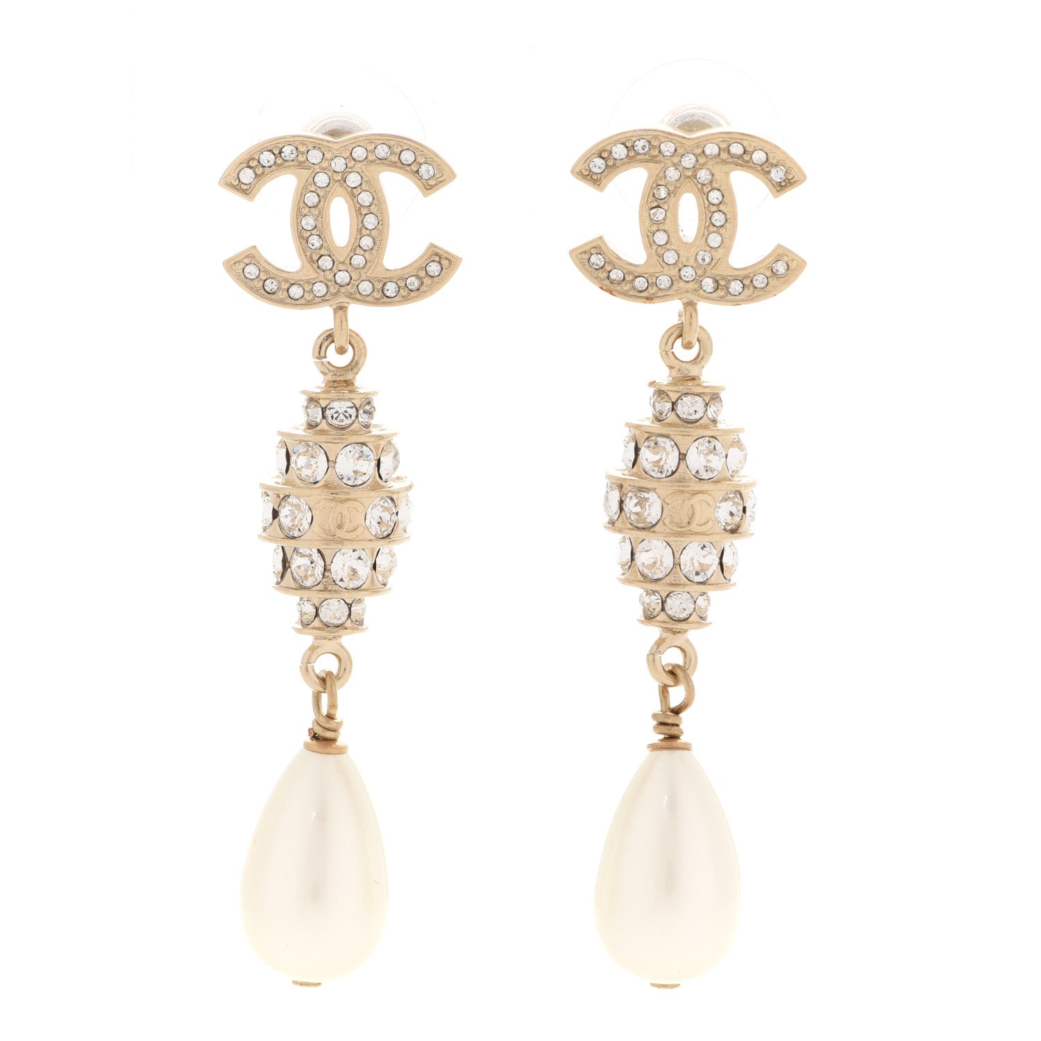 Chanel Crystal Pearl CC Drop Earrings Gold 1 of 5
