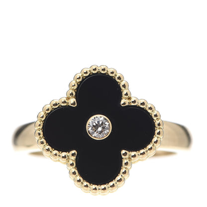 Van Cleef & Arpels 18K Yellow Gold Diamond Black Onyx Vintage Alhambra Ring 56 7.75 1 of 7