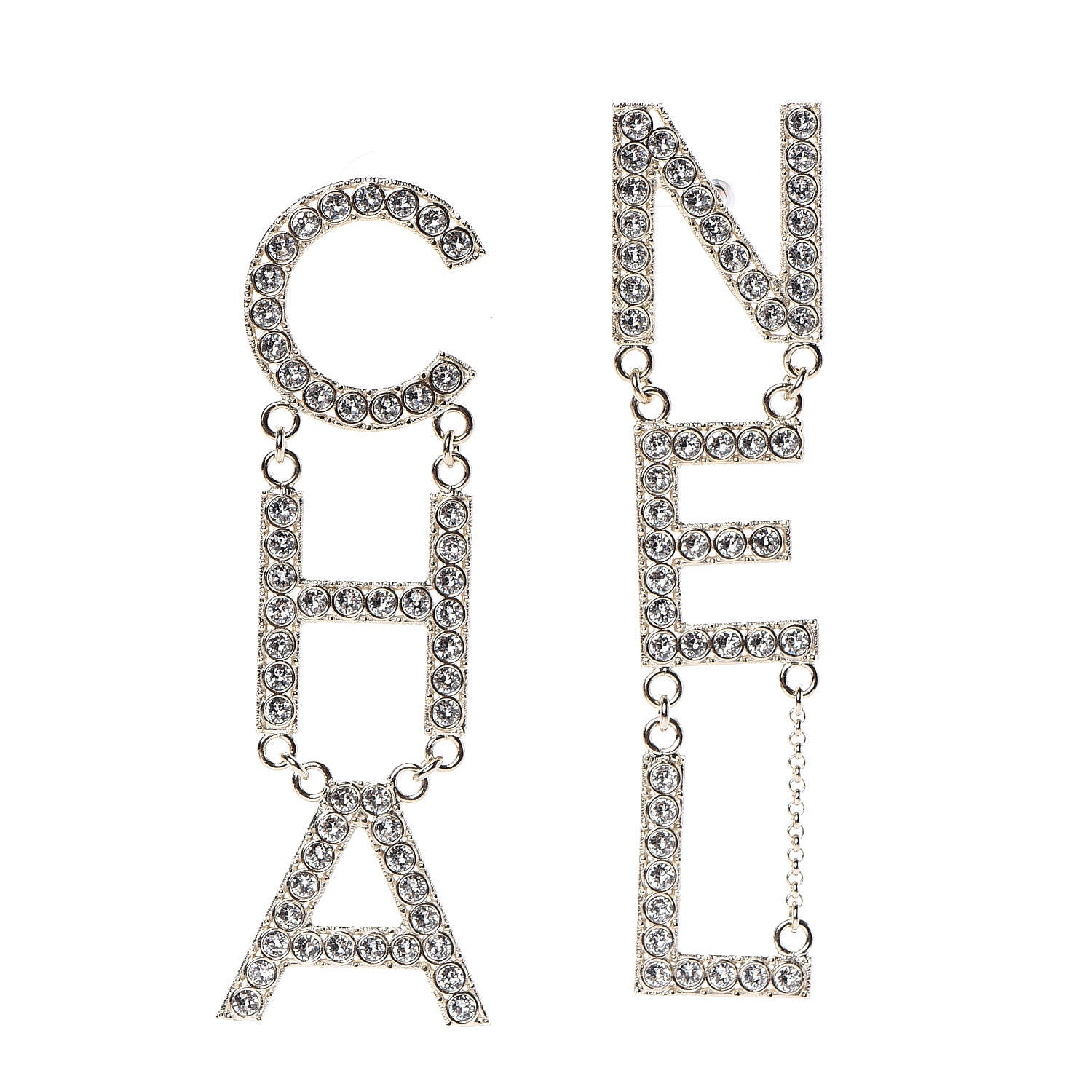 Chanel Crystal Cha-Nel Logo Drop Earrings Gold 1 of 5