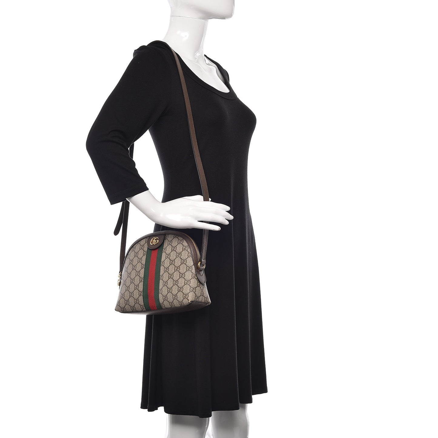 GG Supreme Monogram Textured Dollar Calfskin Web Small Ophidia Dome Shoulder Bag Beige Ebony New Acero