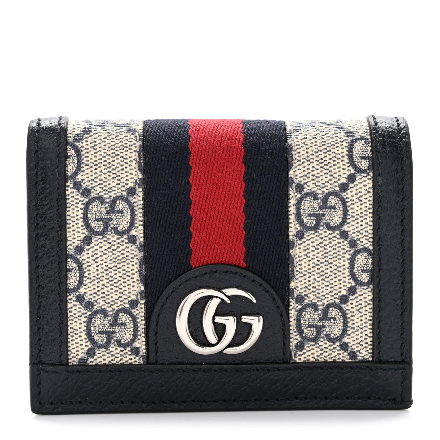 GG Supreme Monogram Textured Dollar Calfskin Web Ophidia Card Case Beige Blue