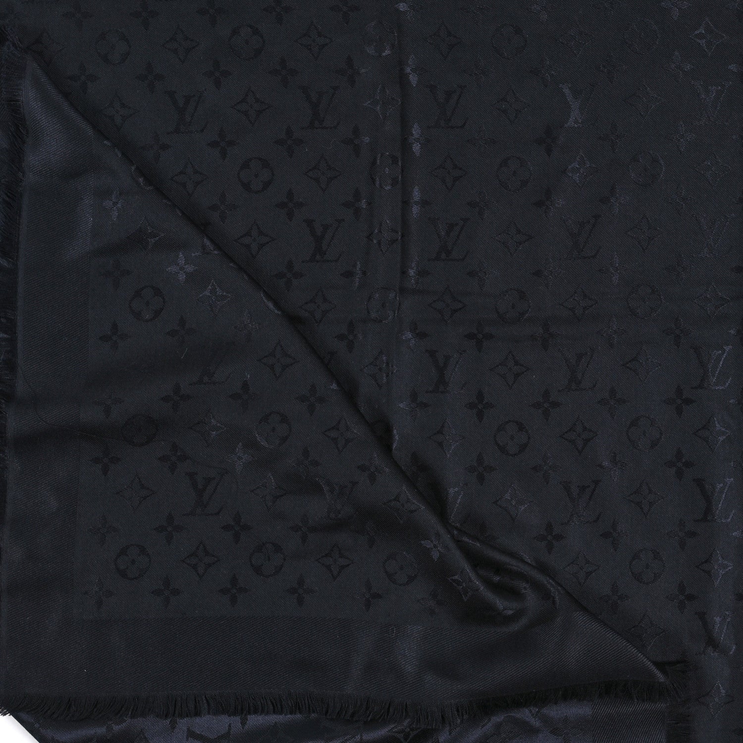 Louis Vuitton LOUIS VUITTON Silk Wool Monogram Shawl Black 4 of 4
