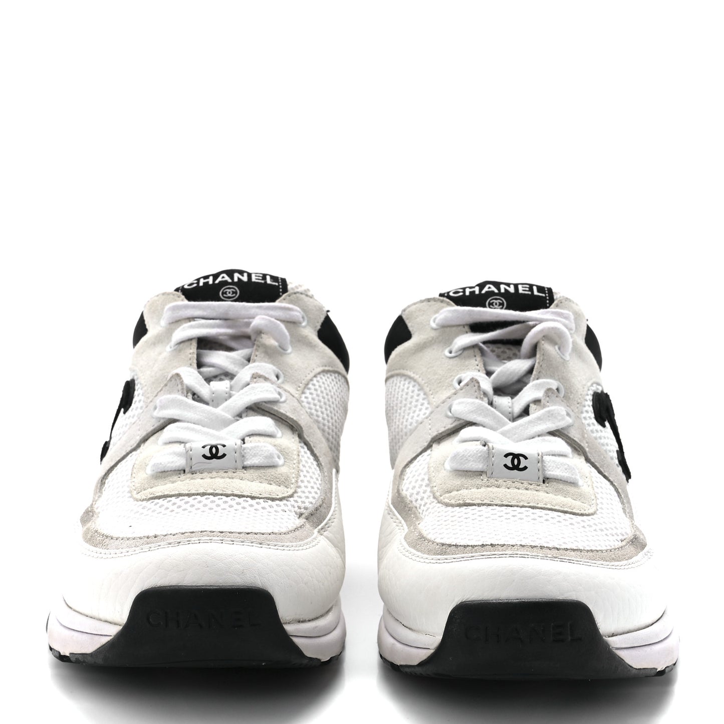 Mesh Suede Calfskin Grained Calfskin Womens CC Sneakers 38.5 White Black
