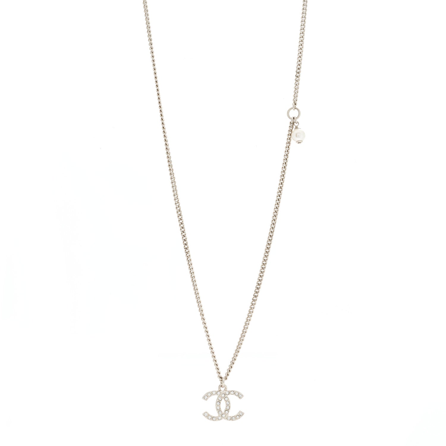 Chanel Pearl Crystal CC Pendant Necklace Silver 1 of 5