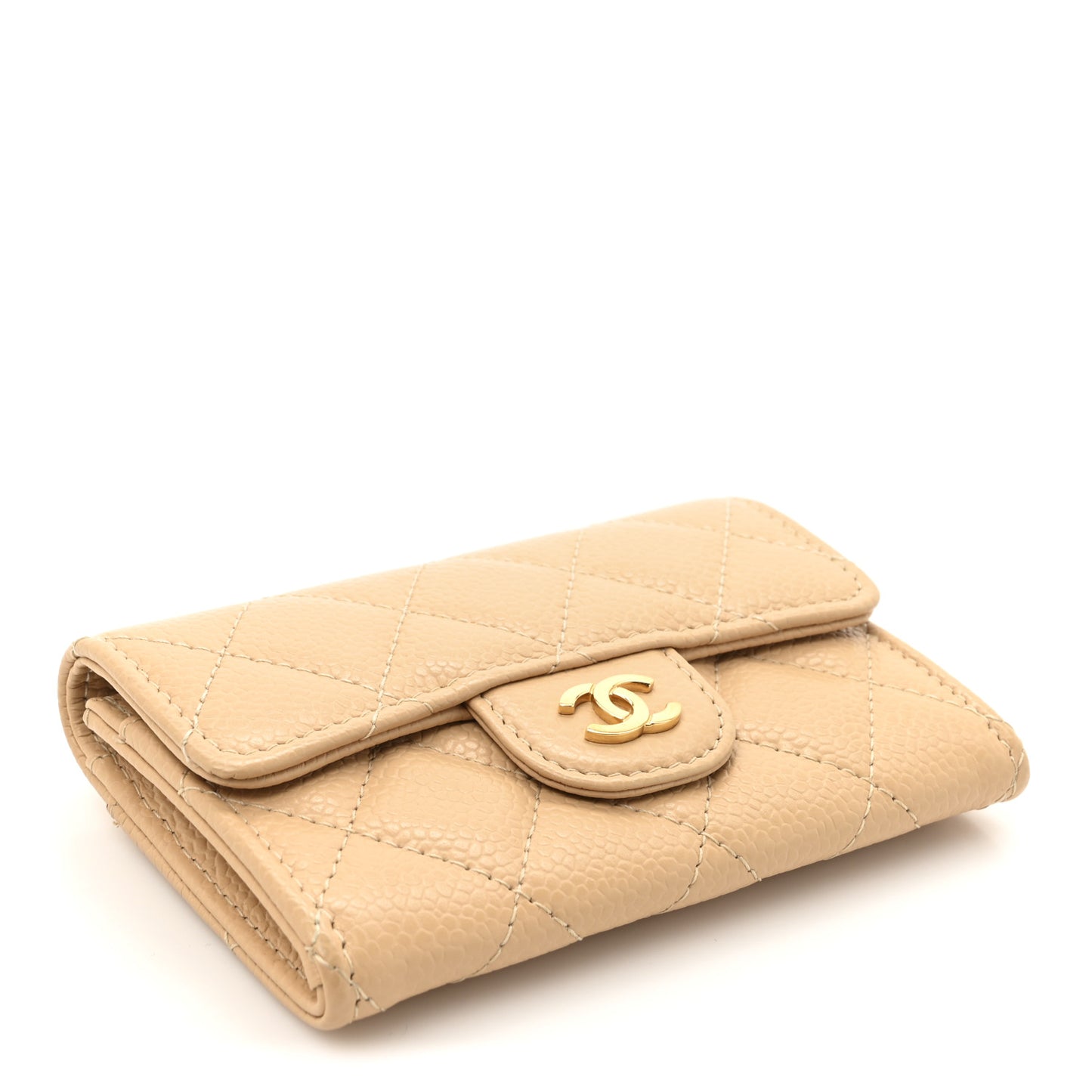 Caviar Quilted Flap Card Holder Wallet Beige