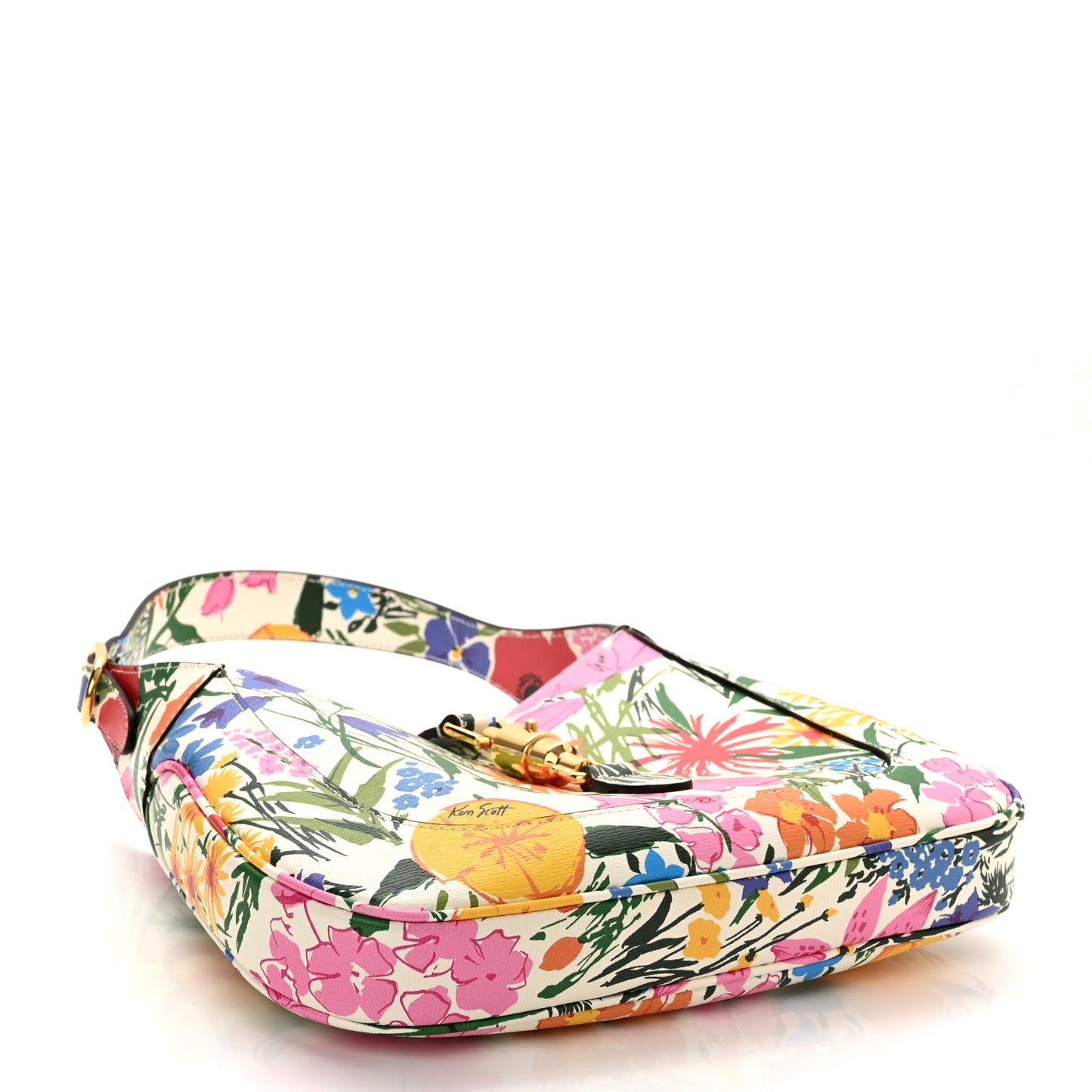 X KEN SCOTT New Shangai Calfskin Jardin D'Avril Floral Print Small Jackie 1961 Hobo Ivory Pink