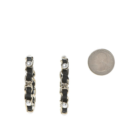 Chanel Lambskin Pearl CC Chain Hoop Earrings Gold Black 2 of 5