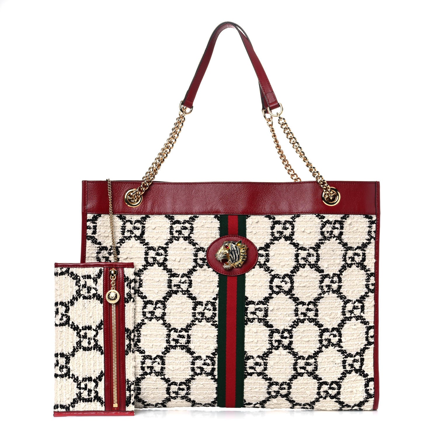 Gucci Tweed GG Monogram Large Rajah Chain Tote White Black Romantic Cherry 3 of 11