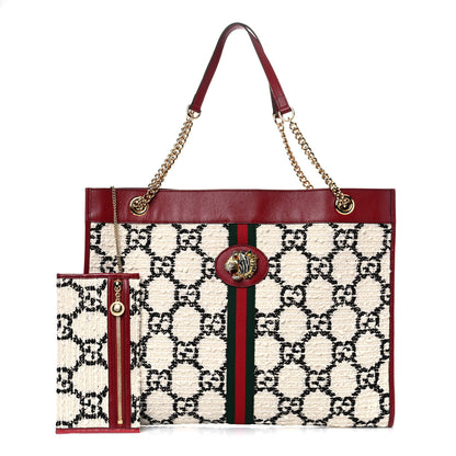 Gucci Tweed GG Monogram Large Rajah Chain Tote White Black Romantic Cherry 3 of 11