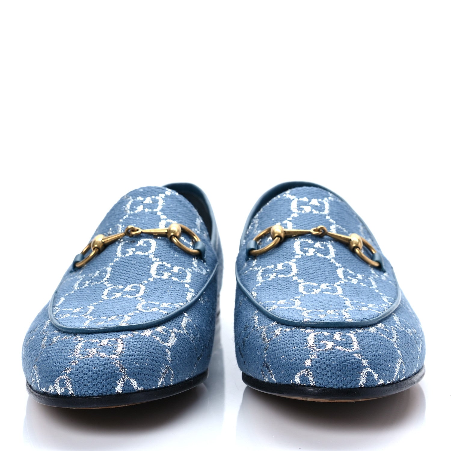 Gucci Canvas Lame GG Monogram Horsebit Womens Jordaan Loafers 39 Blue Silver Cornflower Blue 2 of 8