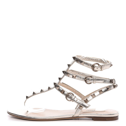 Valentino Garavani Metallic Nappa Rockstud Ankle Wrap Flat Thong Sandals 39 Platino 1 of 8