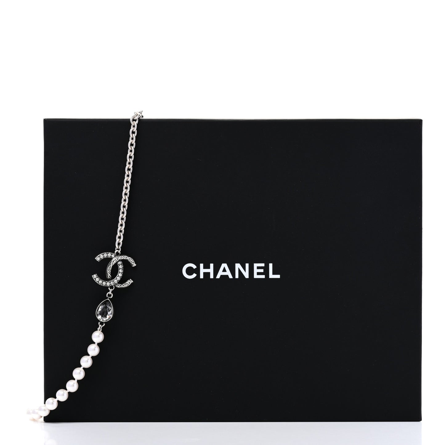 Pearl Crystal CC Long Necklace Silver