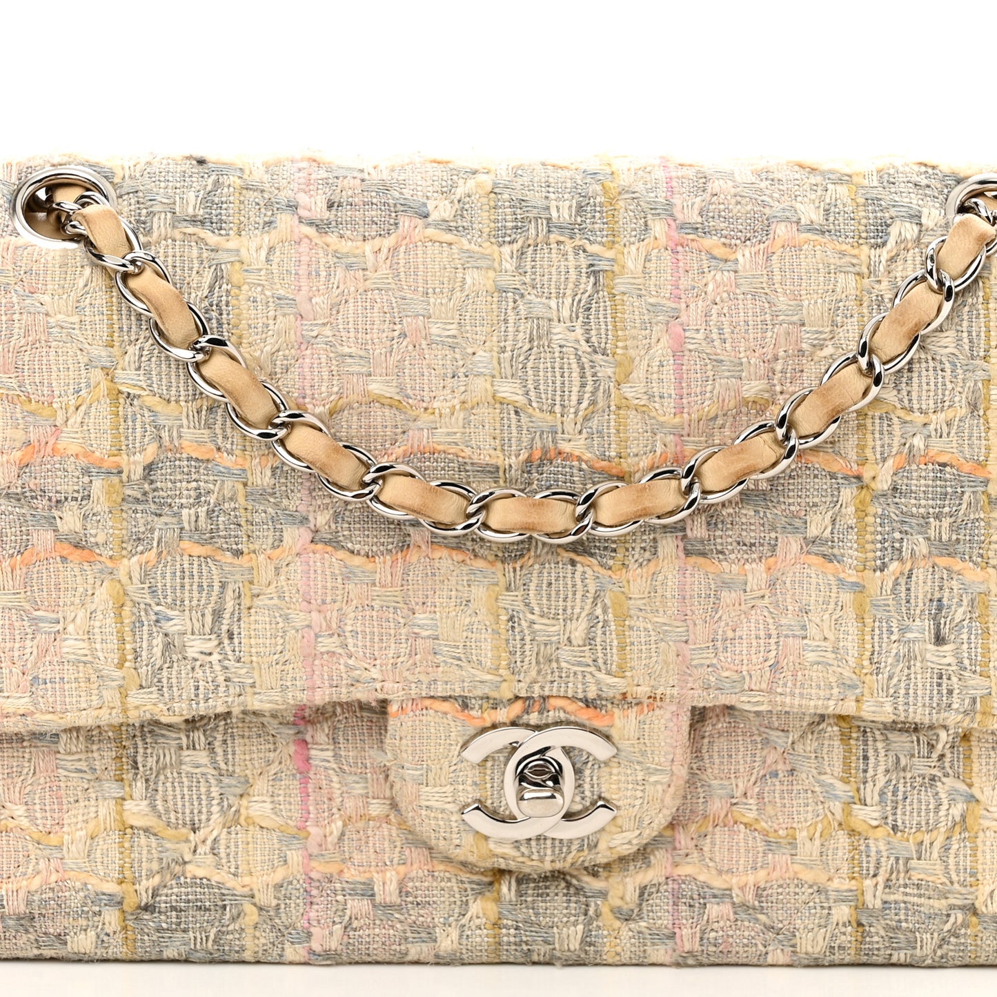 Tweed Quilted Medium Double Flap Beige Multicolor