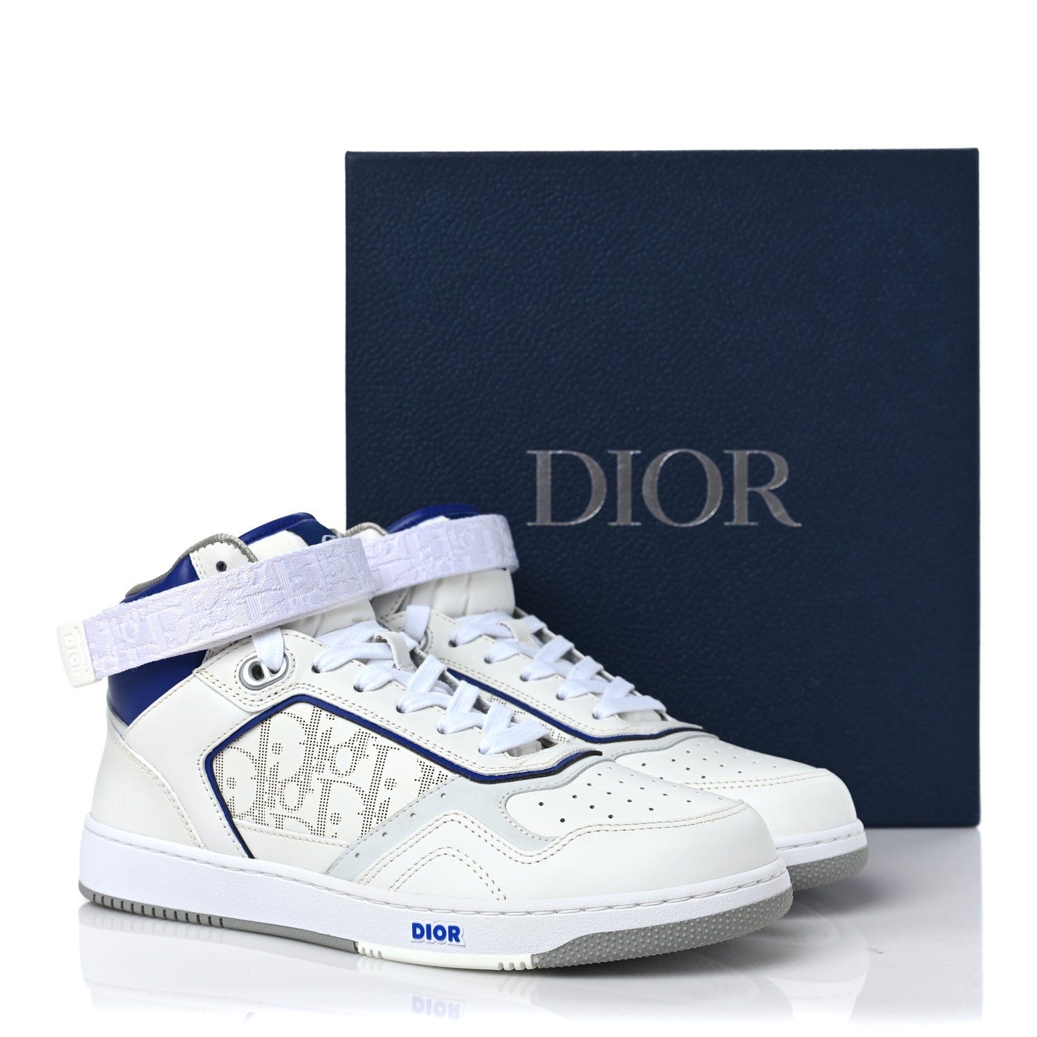 Christian Dior Smooth Calfskin Oblique Galaxy Perforated Mens B27 Mid Top Sneakers 41 White Blue 10 of 10