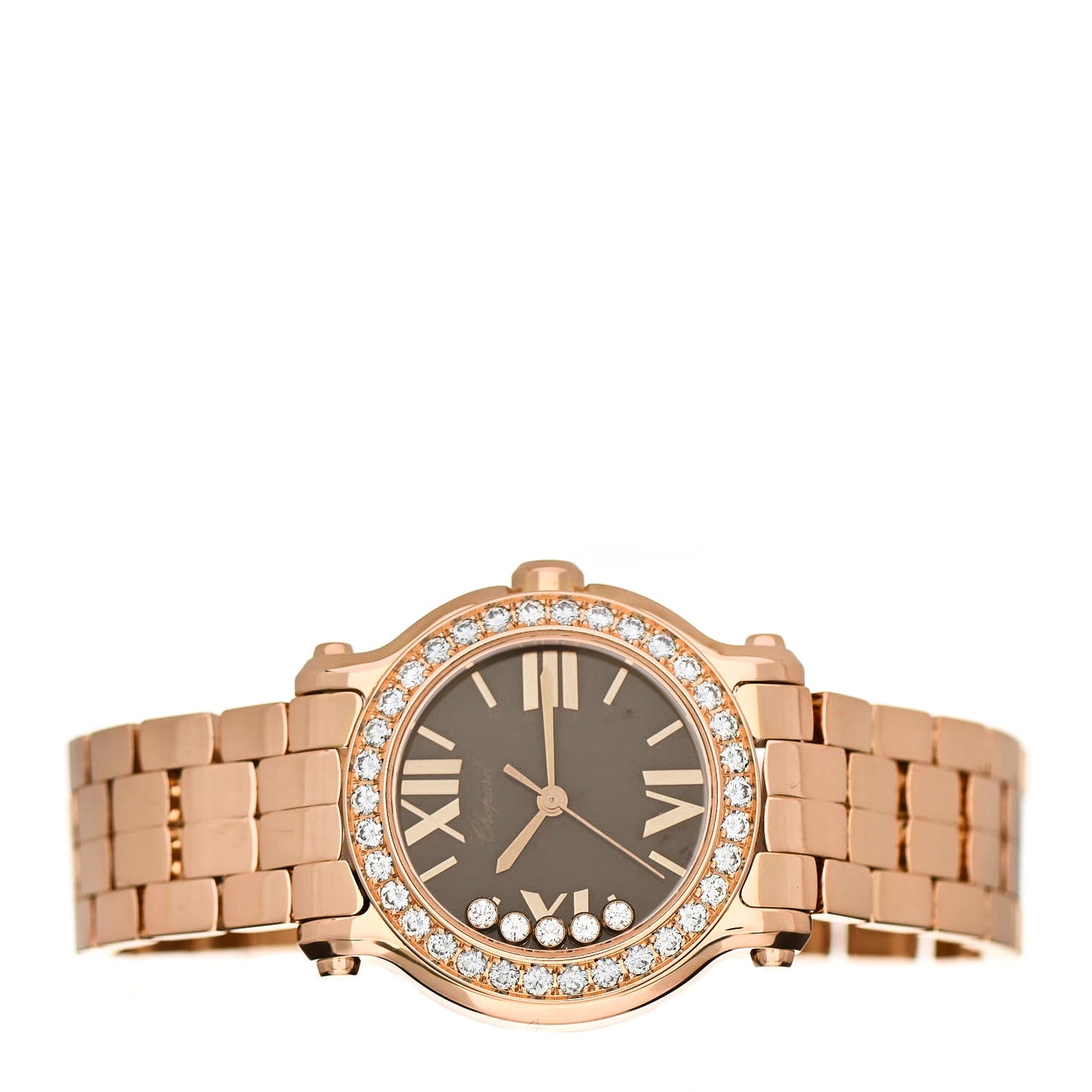 18K Rose Gold Diamond Bezel 30mm Happy Sport Quartz Watch Brown