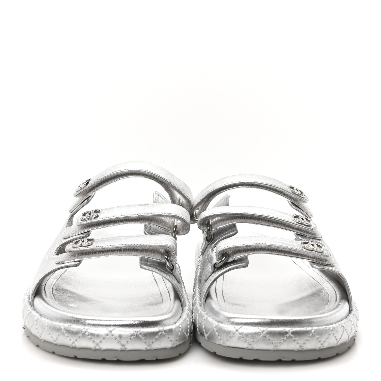 Chanel Laminated Lambskin Quilted Velcro Crystal CC Dad Slide Sandals 40 Silver 6 of 18